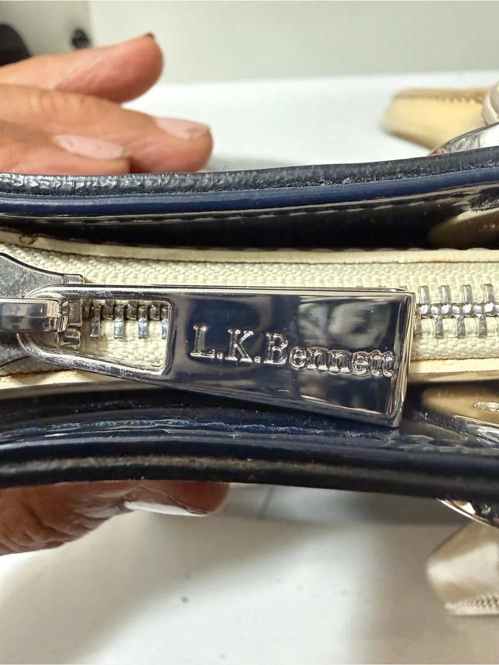 L.K Baanet Italian Patent Navy and Cream Tote Handbag